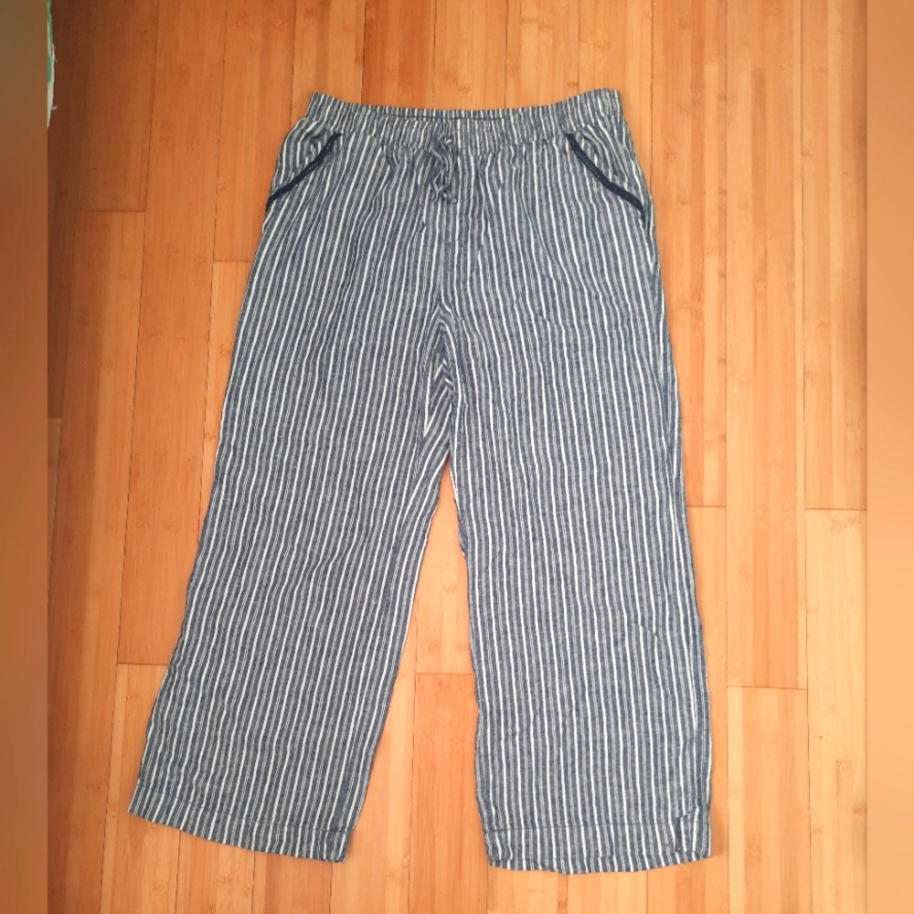 Briggs Womens Pants Linen Blend Pull-on Wide Leg Size XL Blue & White Striped